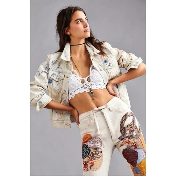 Free People Retro Acid Wash Bohemian Denim Jean Jacket Tie Dye Size Large NWT - Picture 2 of 16